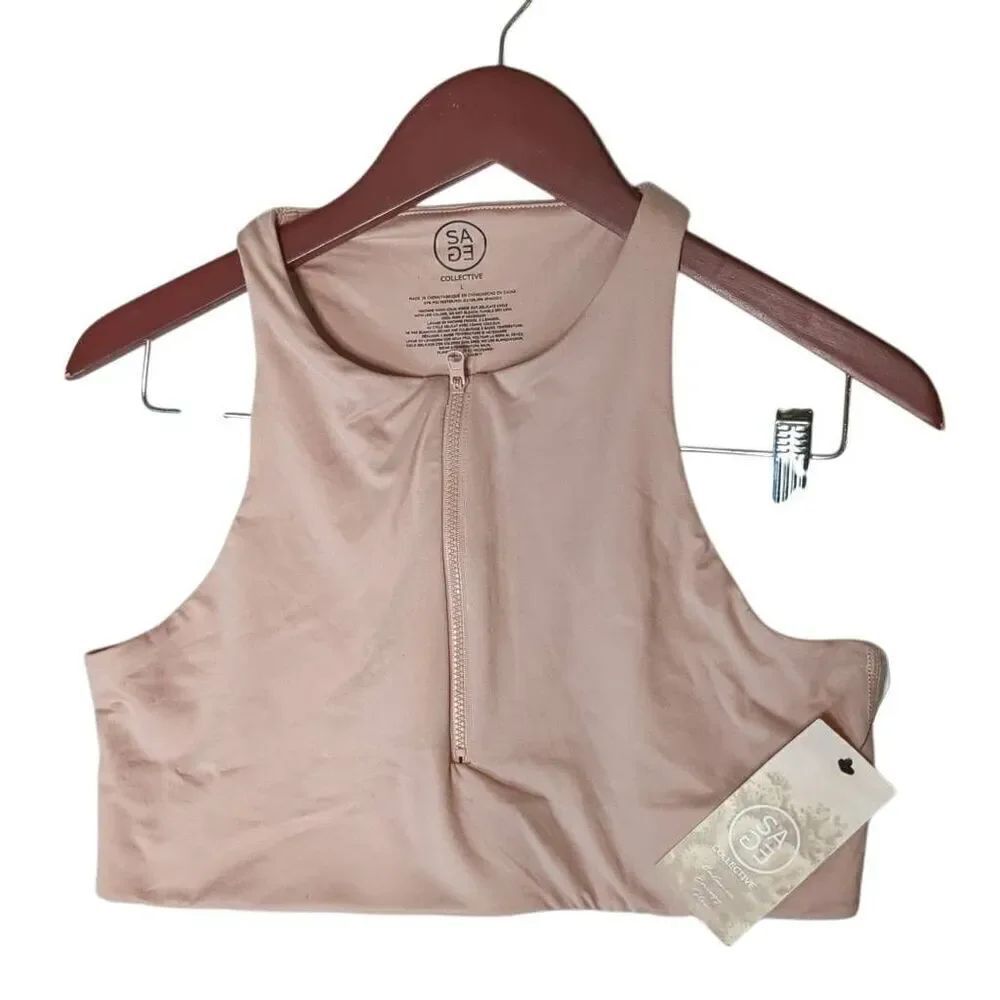 NWT SAGE Collective Strawberry Ice Mauve High Neck Sports Bra Crop Top Zippered